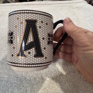 Anthropologie Monogram Mug With Black Handle Gold & Black Tile Mosaic Design Let